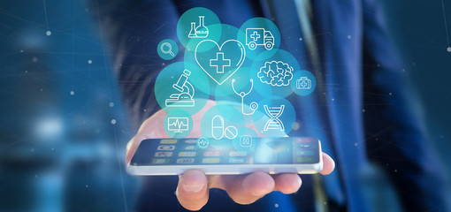 Businessman holding Medical icon and connection 3d rendering