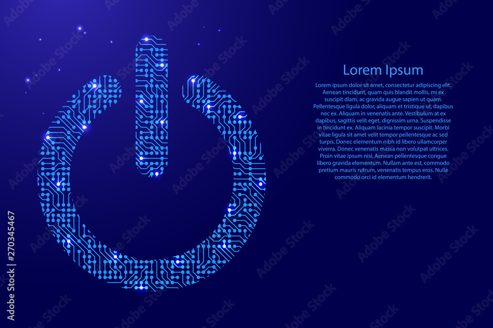 Poster power button icon from printed board, chip and radio component with blue star space on the contour f