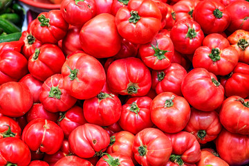 Ripe tomatoes on the counter in the market