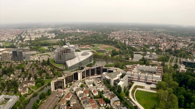 The parliament Europeen de Strasbourg filmed by drone. The different institutions of the European Union are seen from above.