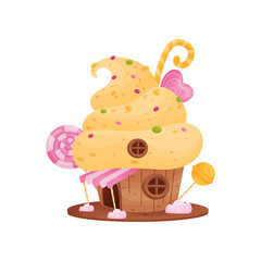 Gingerbread house with yellow cream on the roof. Vector illustration on white background.
