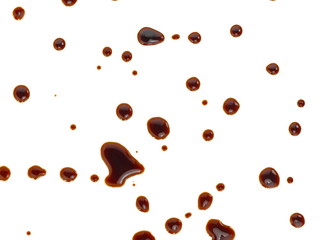 Puddle of soy sauce isolated. Spilled Soy Souse Teriyaki Texture. Oyster Sauce or Balsamic Vinegar Puddles on White Background Top View.