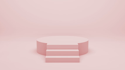 Pink podium in empty studio room, 3d realistic illustration. Geometric shape platform, minimal design interior. 