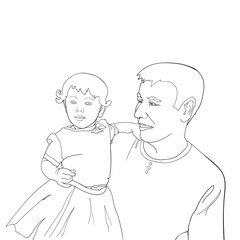 Father Carrying Daughter On His hands. Father's Day hand drawn illustration isolated on white. Family, Parent, Offspring, Love, Relationship.