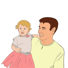 Father Carrying Daughter On His hands. Father's Day hand drawn illustration isolated on white. Family, Parent, Offspring, Love, Relationship.