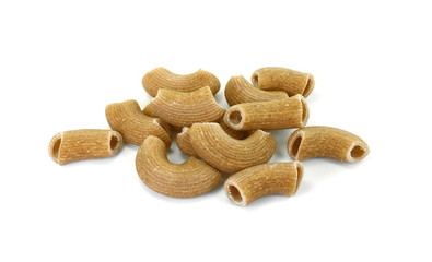 Rustic rigatoni pasta isolated on white background. Maccheroni integrals pasta. Wholemeal Pasta. Close-up on a Integral Penne.