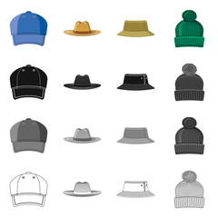 Vector design of headgear and cap icon. Set of headgear and accessory vector icon for stock.