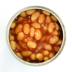 Tinnes beans top view on white. Open can of beans on a white background. Baked Beans - Baked beans in tomato sauce.