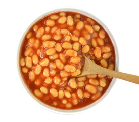 Baked Beans - Bowl of baked beans in tomato sauce isolated on a white background. 