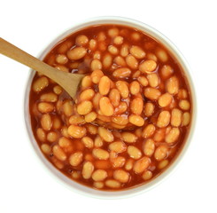 Tinnes beans top view on white. Open can of beans on a white background. Baked Beans - Baked beans in tomato sauce.