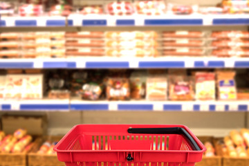 Abstract blurred photo of store with basket in department store bokeh background. business concept.