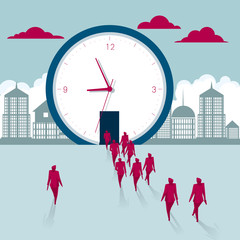 A group of people walked towards the clock. Isolated on blue background.