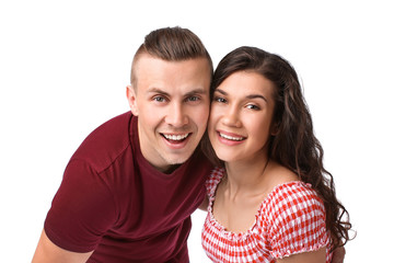 Adorable loving couple on white background