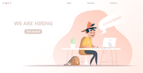 Fototapeta premium We are hiring banner with cartoon characters, Business recruitment, human resources management, hiring employees, social media, documents, cards, posters. Concept for web page, banner, presentation 