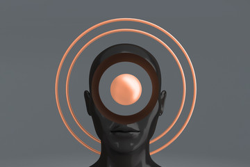 A woman's head with Golden circles around it depicting an aura. Concept art on the topic of religion. 3D illustration