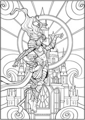 Coloring page for adults , a female wizard in armor hovers in the air against a Gothic castle background.