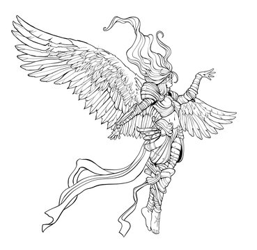 Woman angel in armor with huge wings floating in the air