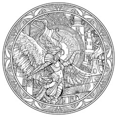 Coloring pages for adults beautiful angel woman in the ring patterns in the background of the castle, painted with many small details