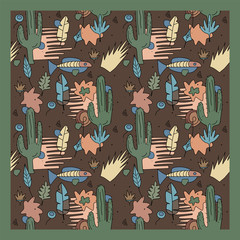 Seamless pattern with cactus, fish and leaves. Wild desert. Cartoon childish style. Ethnic ornament. 