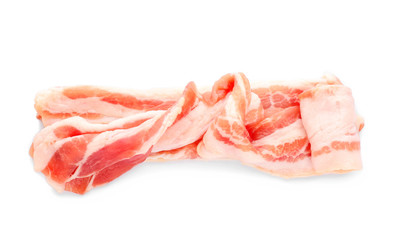 Raw bacon strips on white background