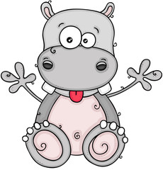 Cute happy hippo sitting hand drawn vector illustration