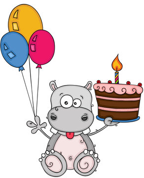 Cute hippo holding a birthday cake and three balloons