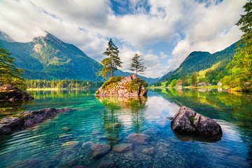 Magnificent summer scene of Hintersee lake. Colorful morning view of Austrian Alps, Salzburg-Umgebung district, Austria, Europe. Beauty of nature concept background.