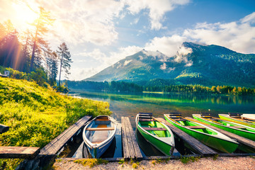 Picturesque summer sunrise of Hintersee lake. Colorful morning view of Austrian Alps,...