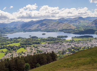 View of Keswick and Derwentwater from the top of Latrigg fell, Keswick, Cumbria, UK