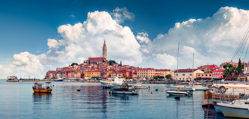 Wonderful spring cityscape of Rovinj town, Croatian fishing port on the west coast of the Istrian...