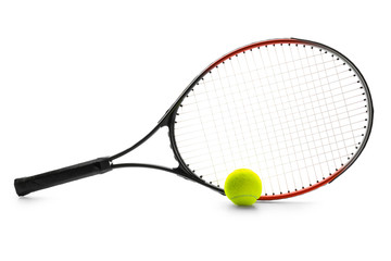 Tennis racket and ball on white background