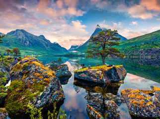 Great summer sunrise on the Innerdalsvatna lake. Colorful morning scene in Norway, Europe. Beauty...