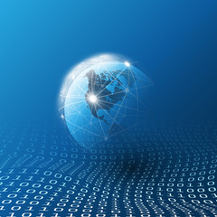     Blue Cloud Computing and Global Networks Concept Design for Business, IT or Technology with Earth Globe, Wire Mesh And Digital Matrix, Bits Pattern, Ones and Zeros 