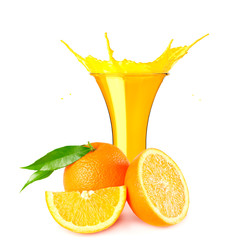 orange juice splash isolated on white background. orange juice in glass with orange slice