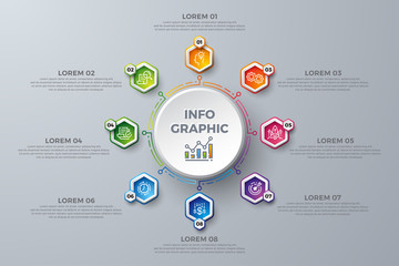 Infographic design with 8 process choices or steps. Design elements for your business such as reports, leaflets, brochures, workflows and more. Infographic design with modern colors and simple icons.