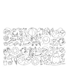 Vector seamless pattern with travel and beach icons.