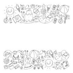 Vector seamless pattern with travel and beach icons.