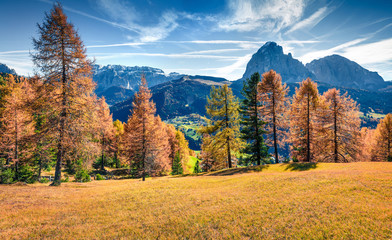 Bright autumn view of Ambrizola mountain range. Colorful morning scene of Dolomite Alps, Cortina...