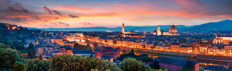 Fantastic spring panorama of Florence with Cathedral of Santa Maria del Fiore (Duomo) and Basilica of Santa Croce. Colorful sunset in Tuscany, Italy, Europe. Traveling concept background. - obrazy, fototapety, plakaty