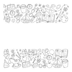 Kindergarten with toys. Pattern for children. Little preschool kids education. Drawing, learning, play