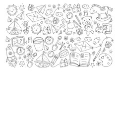 Kindergarten with toys. Pattern for children. Little preschool kids education. Drawing, learning, play