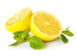 Fresh lemon and mint leaves on white background