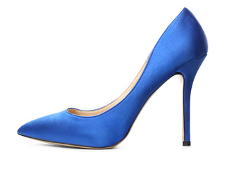 Stylish high-heeled female shoe on white background