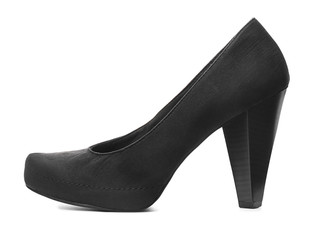 Stylish high-heeled female shoe on white background