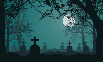 Realistic illustration of spooky landscape and forest with dead and dry trees, cemetery with tombstones and full moon on night green sky. Suitable as a card for Halloween, vector