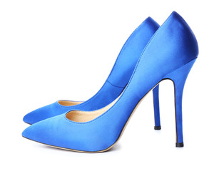 Pair of stylish high-heeled female shoes on white background