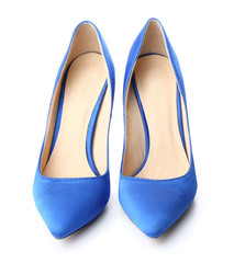 Pair of stylish high-heeled female shoes on white background