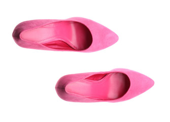 Pair of stylish high-heeled female shoes on white background