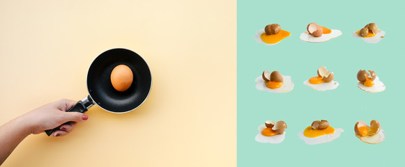 Cooking food concepts with female hand cooking egg on black pan and a lot of broken egg on pastel color background