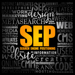 SEP (search engine positioning) word cloud collage, technology business concept background